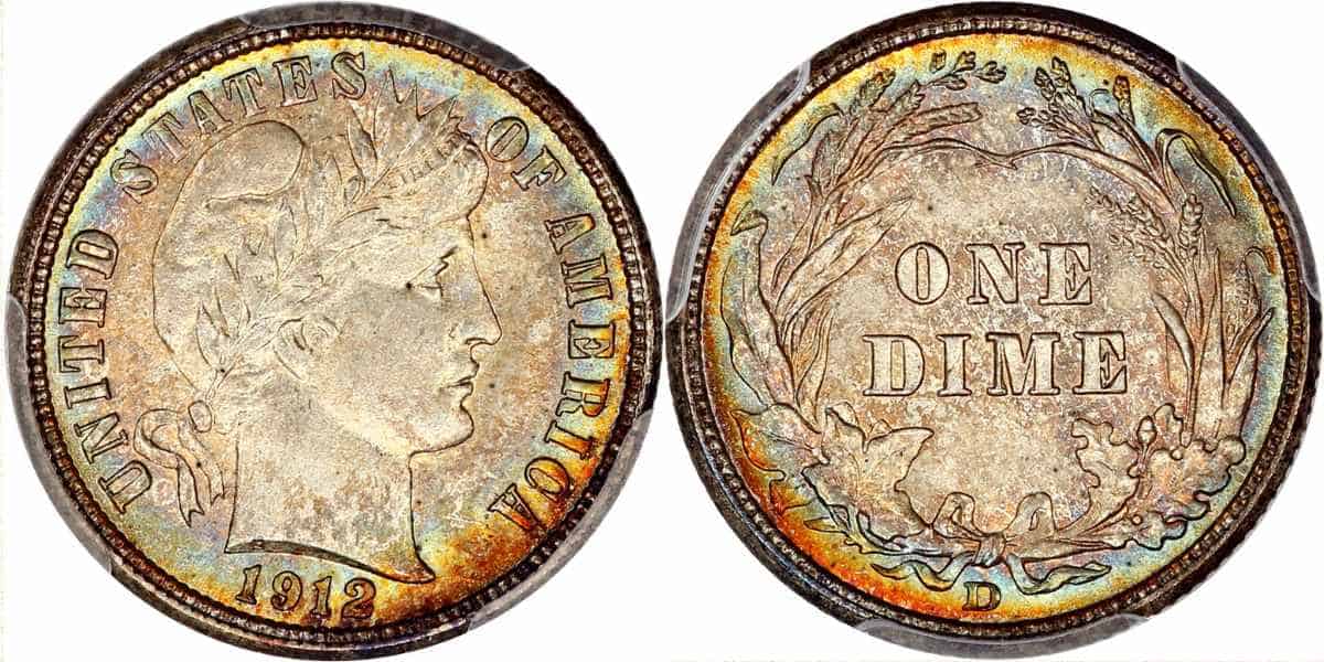 1912-D Dime with Rainbow Tonning