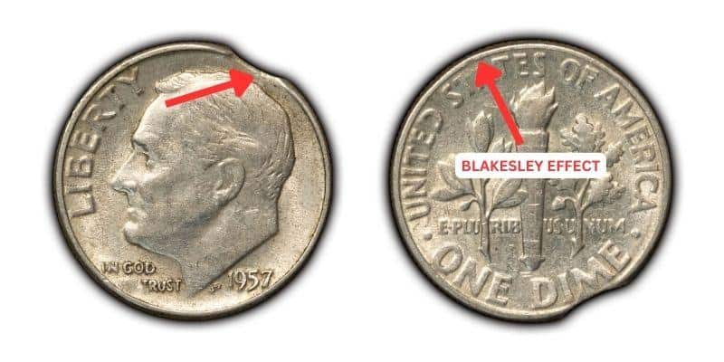 1957 Roosevelt Silver, Clipped Dime Blakesley Effect