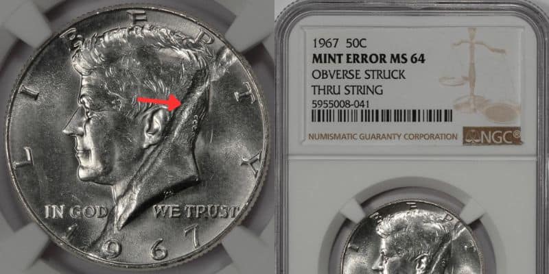 1967 Kennedy Half-Dollar Struck Through String Error coin