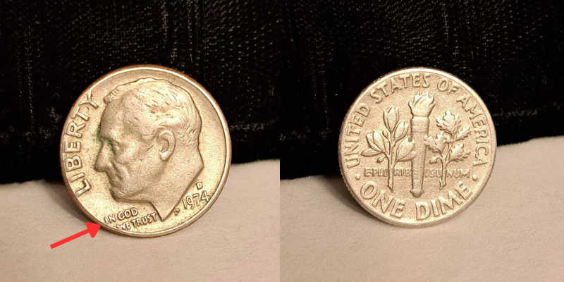 1974 D Roosevelt Dime Off-Center Coin Strike Error value