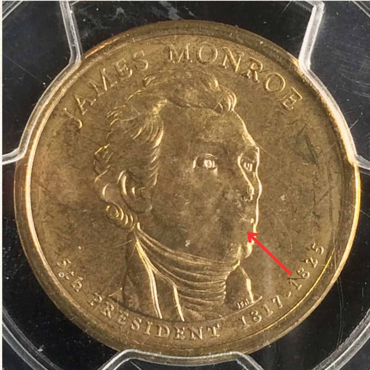 008-P James Monroe Dollar Coin Struck on Improperly Annealed Planchet