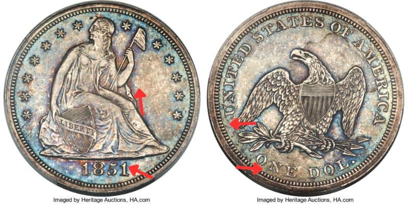 1851 Silver Dollar AU58 With Die Crack