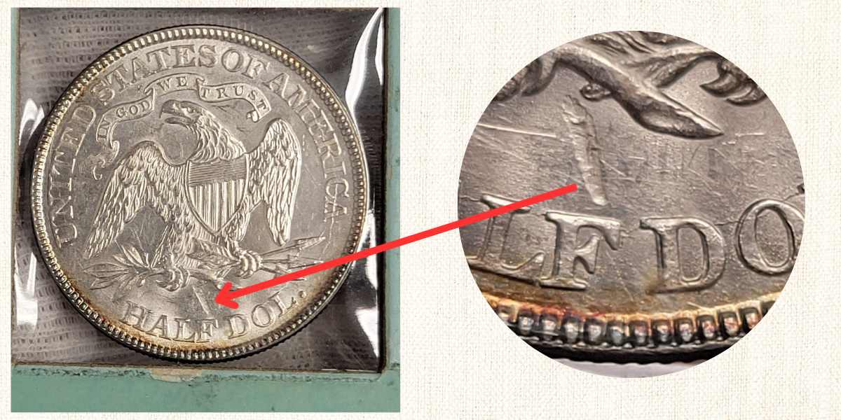 1877-P Seated Liberty Half Dollar with Strike-Through Error on the Reverse