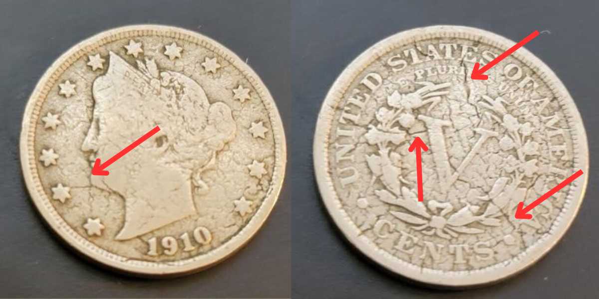 1910 Nickel With Multiple Die Cracks