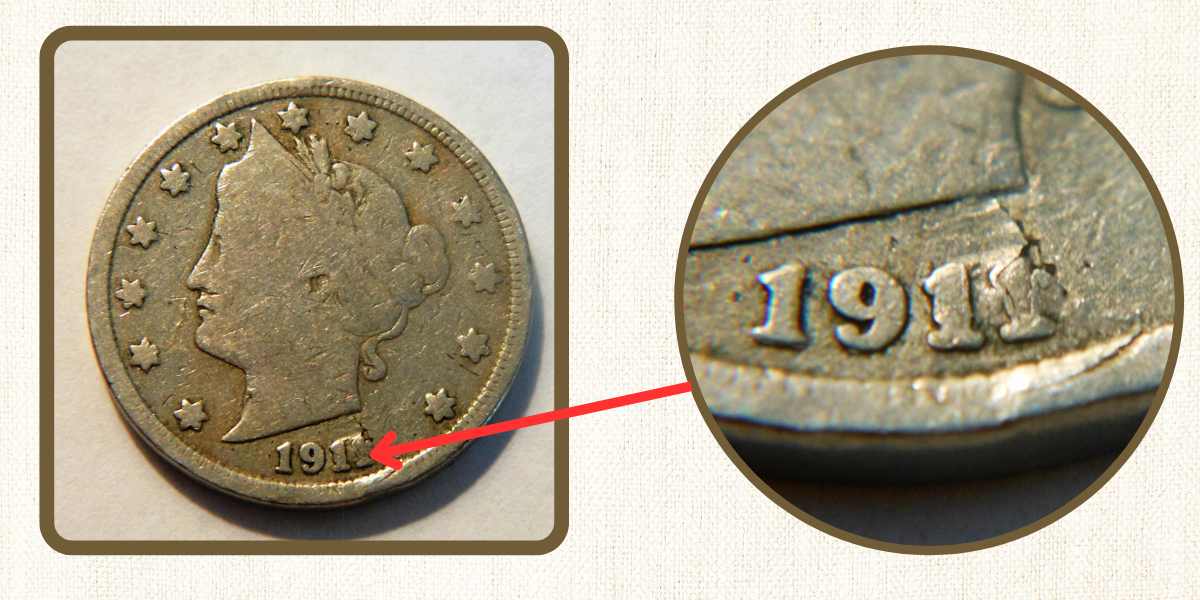 1911 V Nickel with Lamination and Double Die Errors
