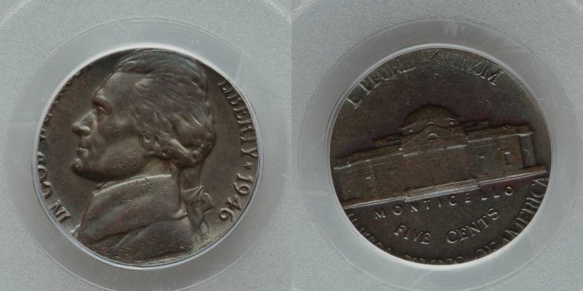 1946 5C Jefferson Nickel with Struck on Penny Planchet Error