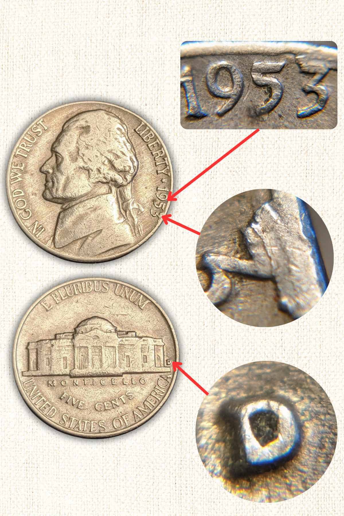 1953-D Die CUD US Mint Error Jefferson Nickel