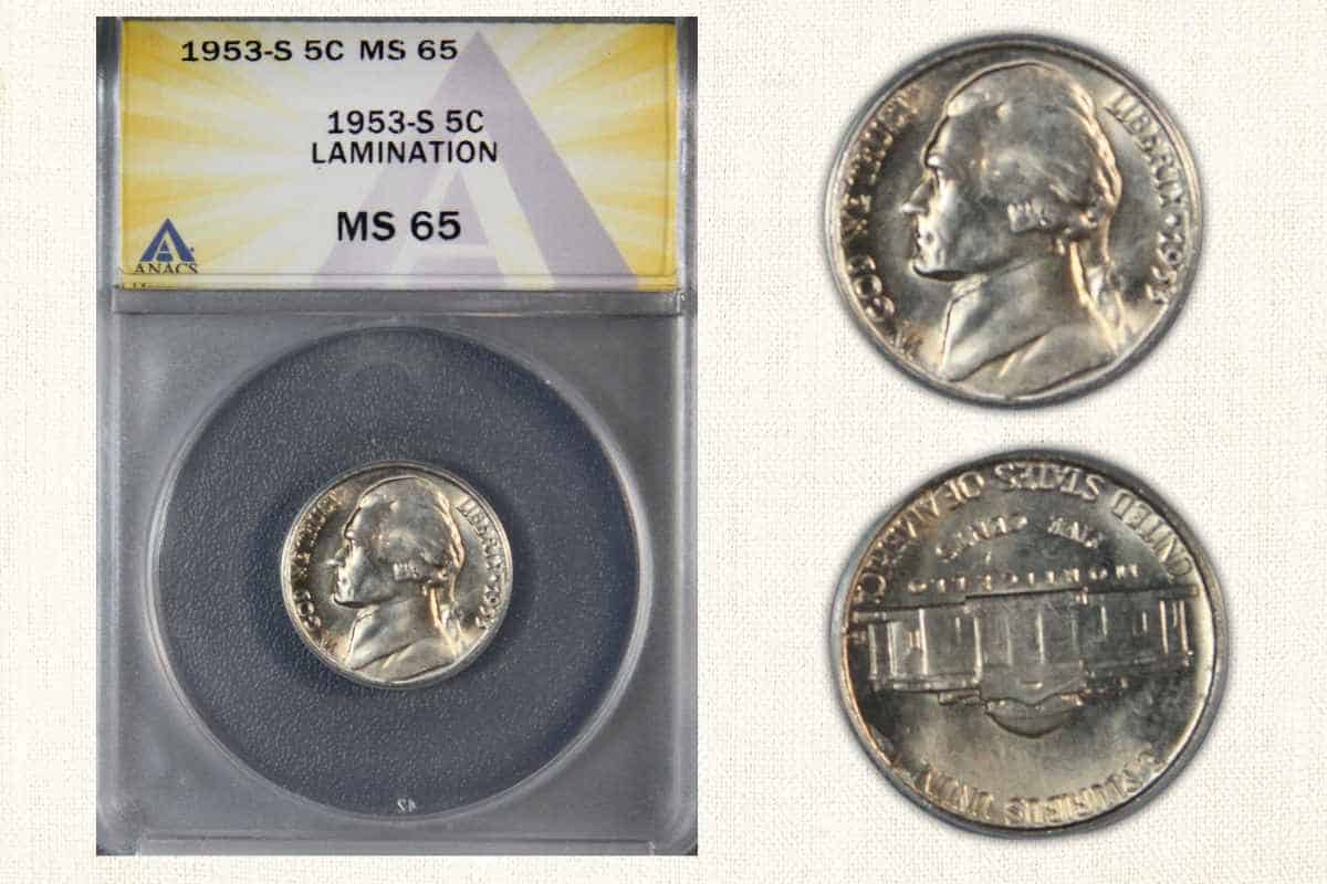 1953 Jefferson Nickel Lamination Error