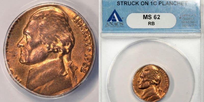 1962 Nickel Struck On Copper Cent Error