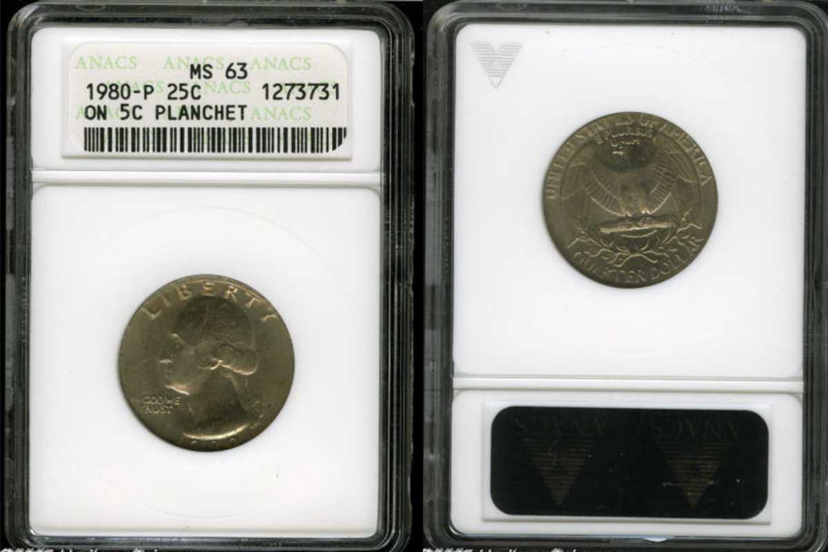1980-P Quarter Struck On Five-Cent Planchet Error