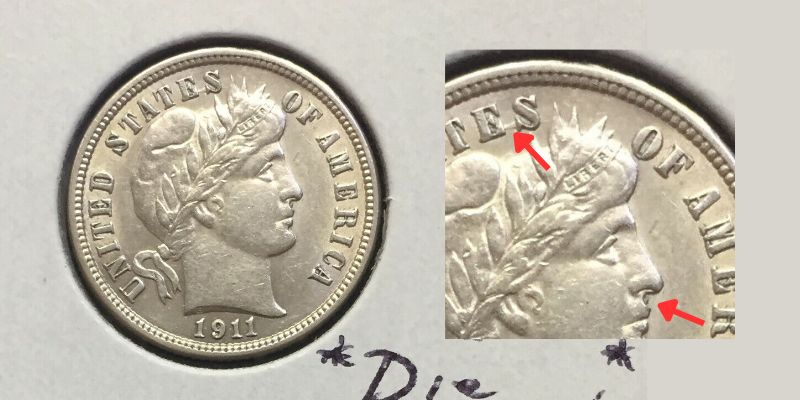 1911 Barber Dime With Die Clash On Obverse error value