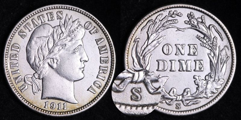 1911-S Barber Dime Repunched Mintmark error value