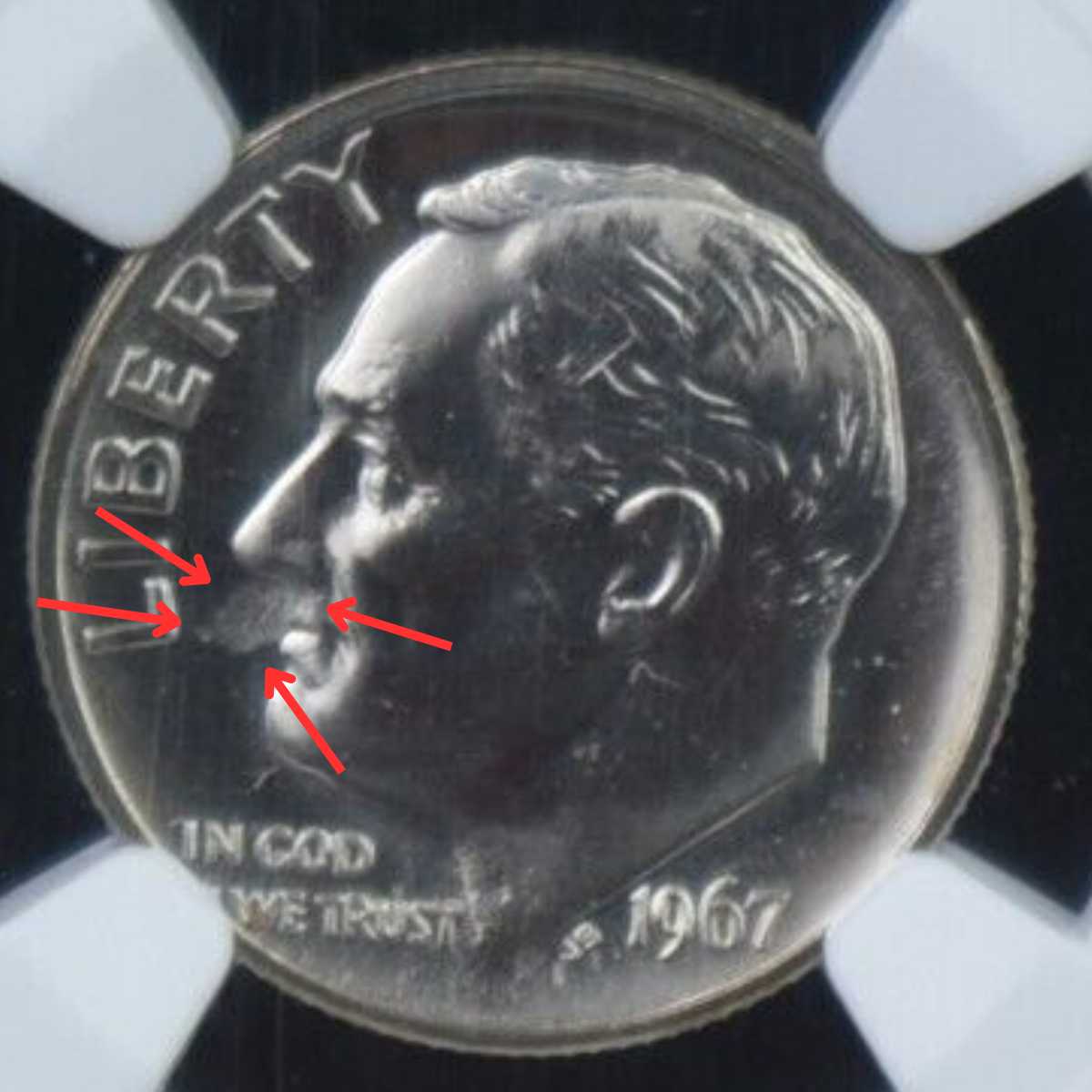 1967 Roosevelt Dime Obverse Struck Through Error Coin