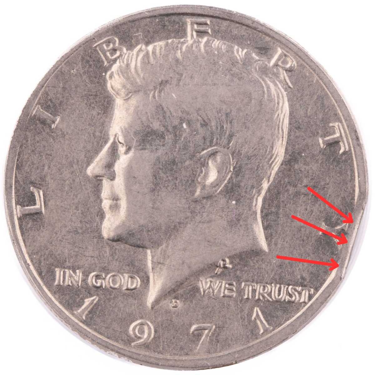 1971 Kennedy Half Dollar Single Curved Clip Error