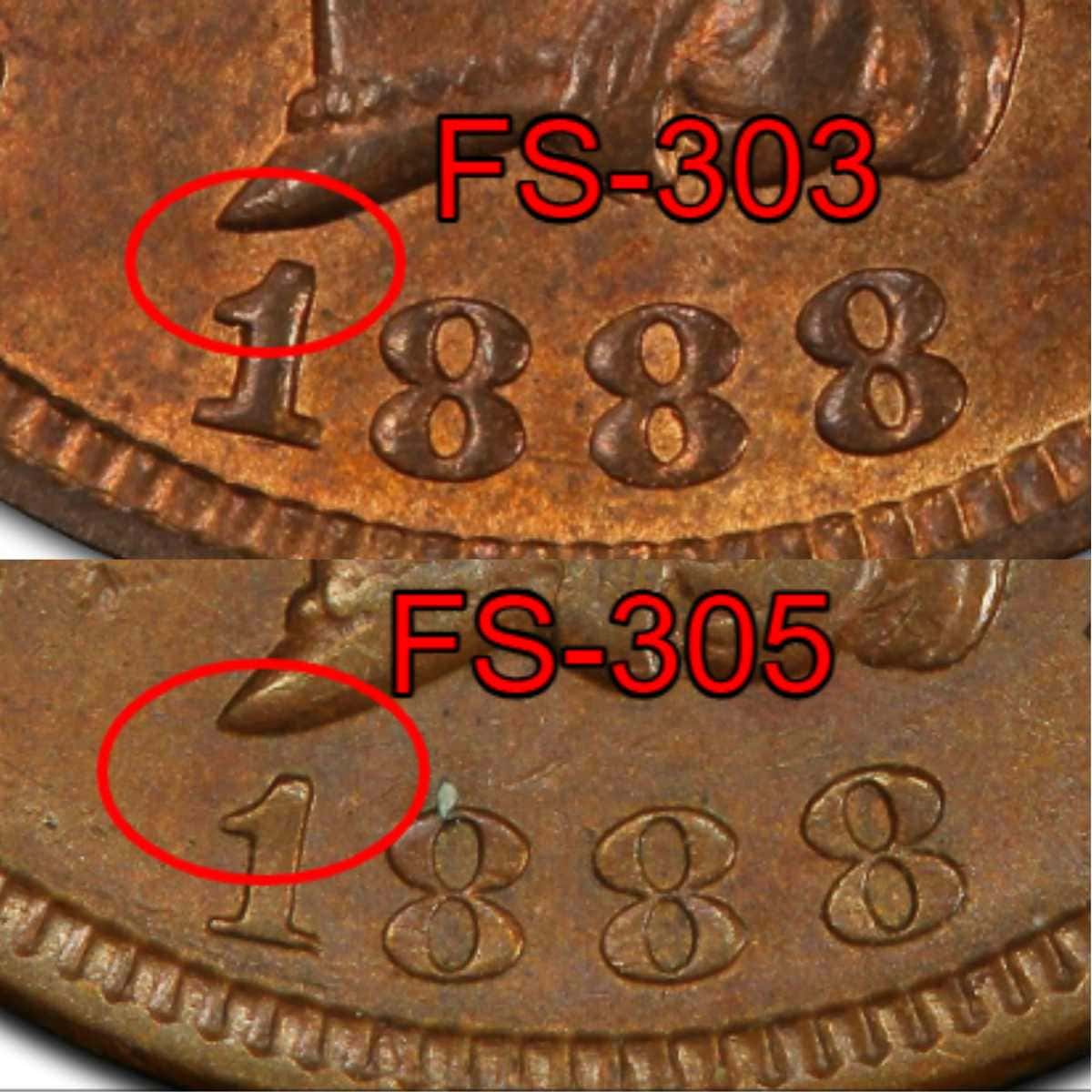 1888 Indian Head Penny Repunched Dates (RPD), FS-303, FS-305